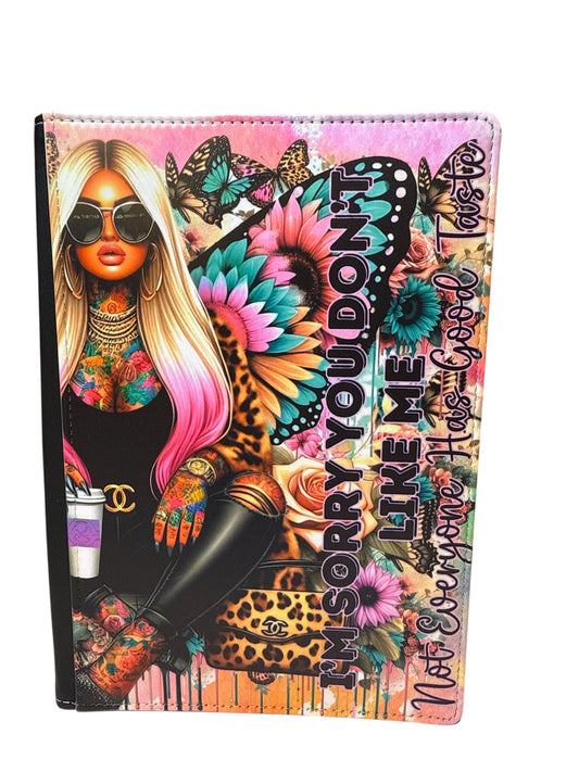 I'm Sorry You Don't Like Me - Reusable Notebook, Purple, Pink, Teal, Flowers, Tattoos, Woman, Sarcasim